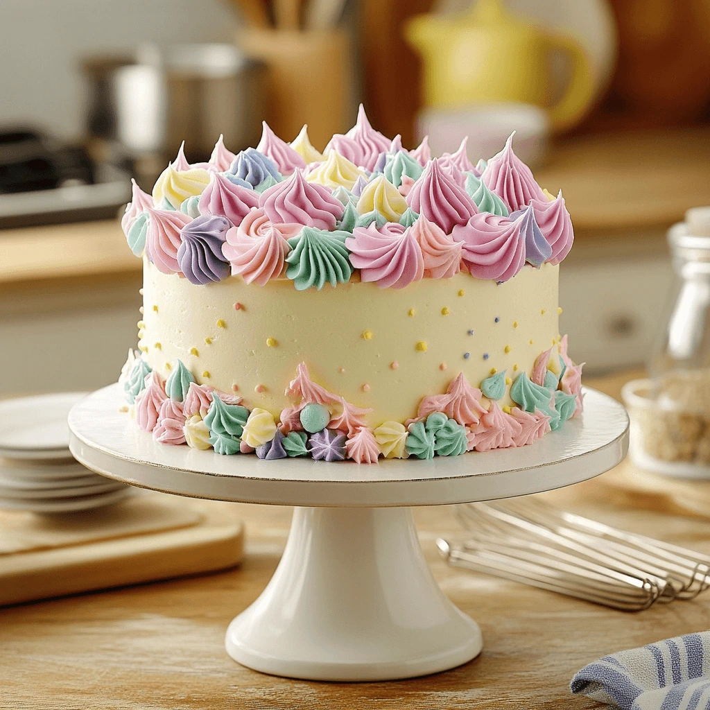 Beautifully decorated cake with vibrant frosting and intricate piping, displayed on a cake stand surrounded by cake-baking tools like a whisk, measuring cups, and a cooling rack.