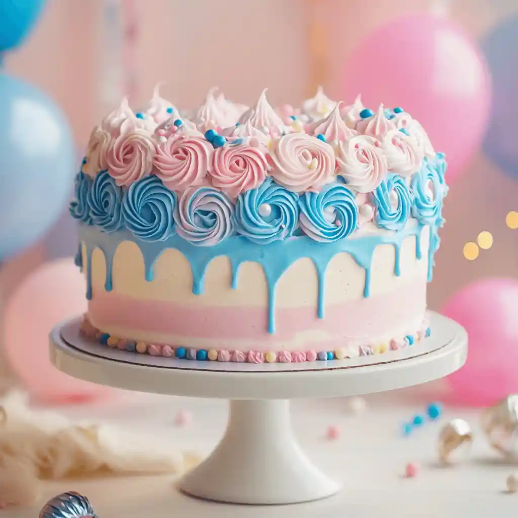 Decorated gender reveal cake with pink and blue frosting on a white cake stand.