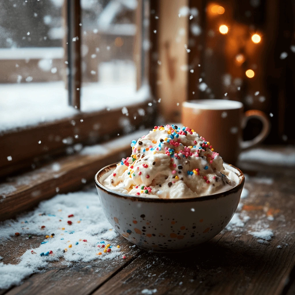 Bowl of snow cream topped with sprinkles and chocolate syrup, surrounded by snowflakes and a warm winter kitchen ambiance.