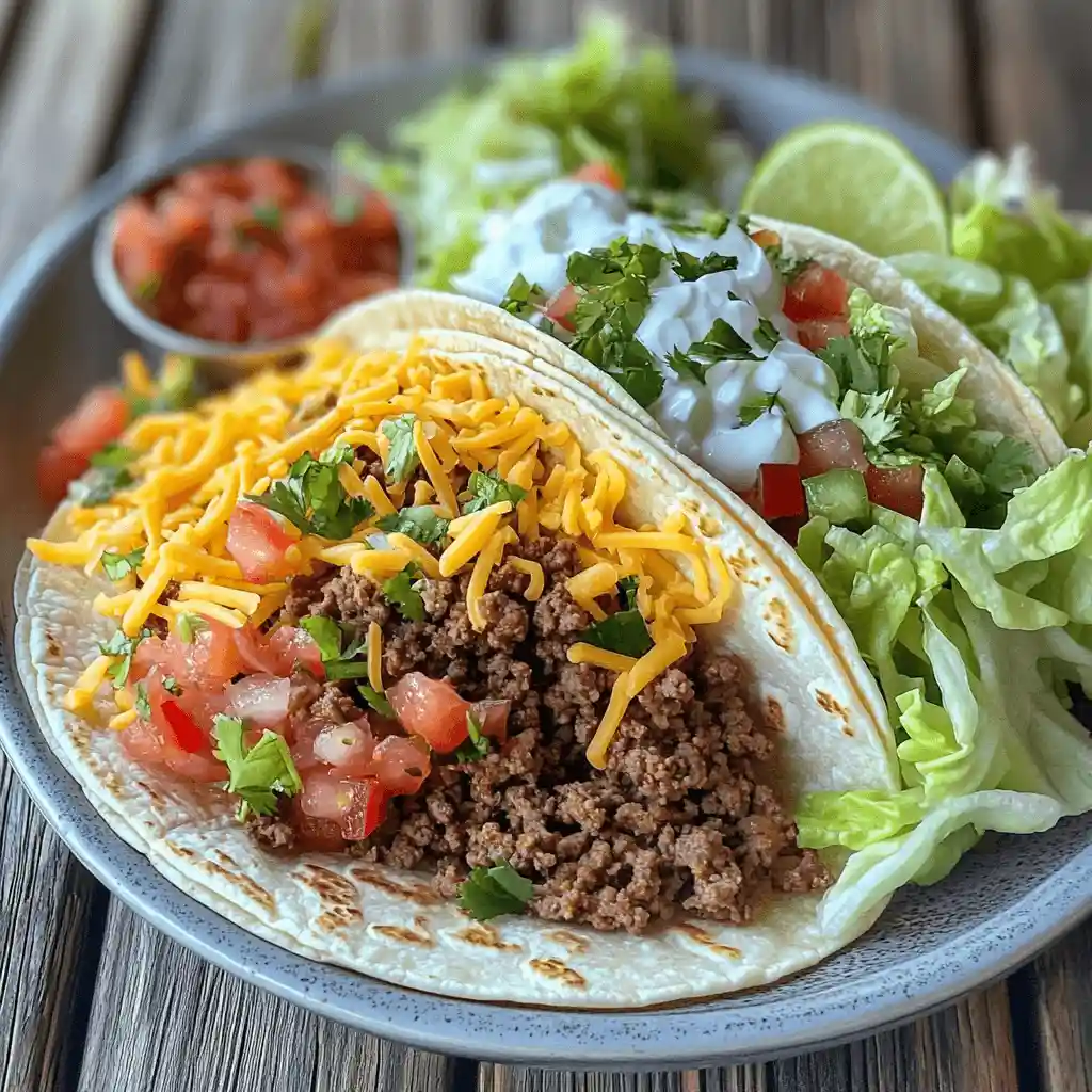 Delicious ground beef tacos wrapped in soft tortillas, topped with shredded lettuce, cheese, tomatoes, sour cream, and fresh cilantro, served with salsa and lime wedges.