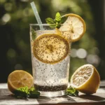 Chia seed water in a glass with lemon slices and mint leaves, garnished with a straw on a wooden table.