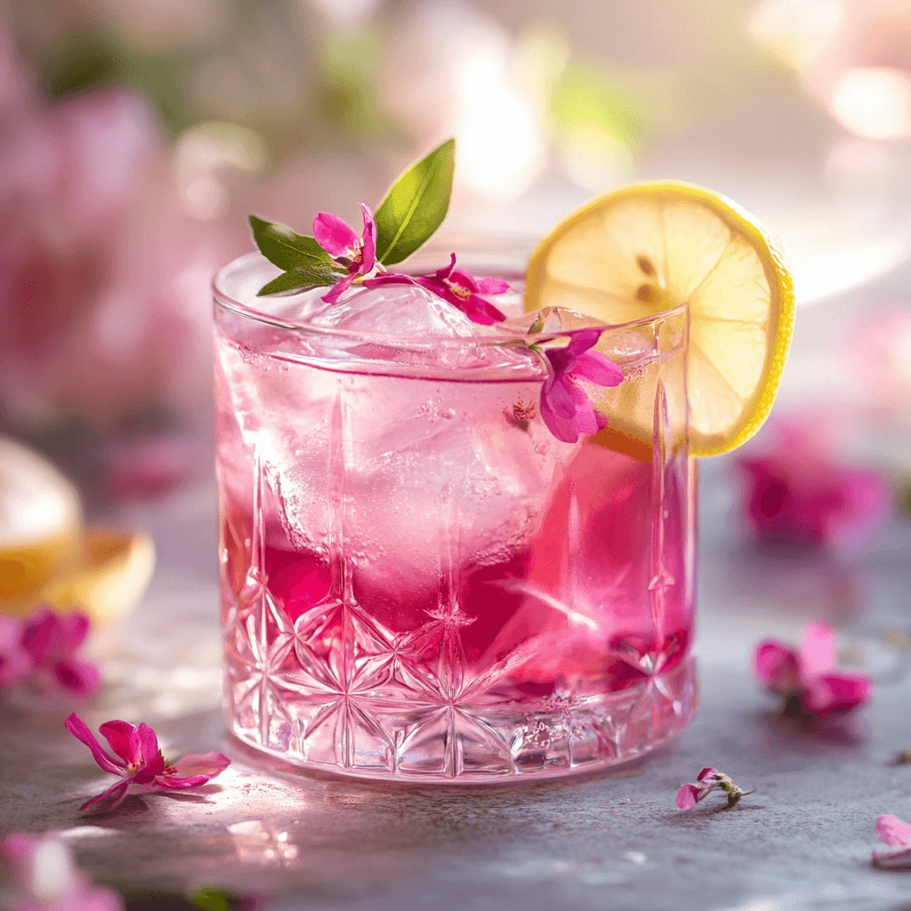 A refreshing Azalea Cocktail with gin and elderflower, garnished with azalea flowers and a lemon slice, set in a festive atmosphere.