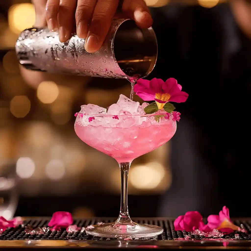 A bartender carefully straining an Azalea Cocktail from a shaker into a chilled coupe glass, with ice left behind in the shaker, showcasing precision in cocktail preparation.