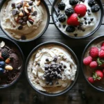 A close-up of homemade no-churn ice cream in various flavors like vanilla, chocolate, and strawberry, served in rustic bowls with fresh toppings like berries, chocolate chips, and nuts. The ice cream is set on a wooden table with soft lighting highlighting the creamy textures.